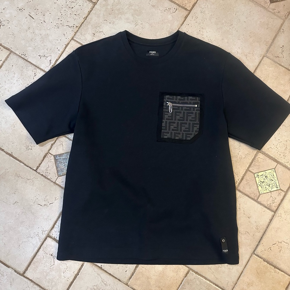 Fendi Black Short Sleeve Tee with Logo Pocket
